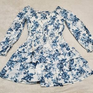 Gap x LoveShackFancy Blue White Floral Smocked Ruffle Tiered Mini Dress Girl XL